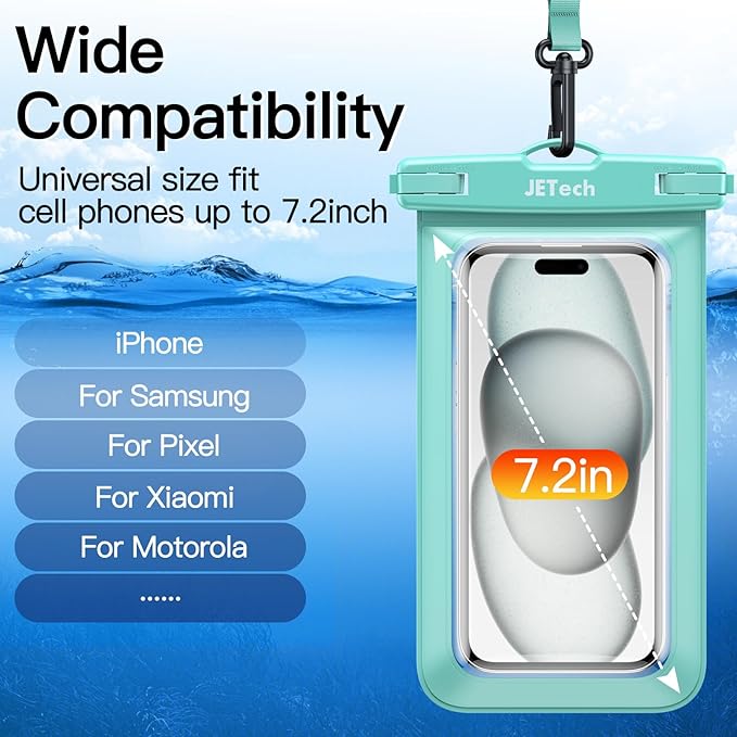 JETech Waterproof Phone Pouch, 2 Pack Water Proof Case for iPhone 17 16e 16 15 14 Air Pro Max Plus, Galaxy S25 S24 Ultra, Pixel 10 Series and Others up to 7.2 Inch, IPX8 Dry Bag (Black+Green)
