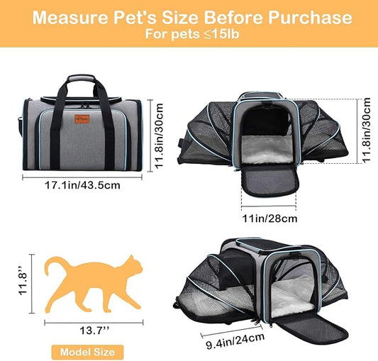Expandable Pet Carrier,Airline Approved Soft-Sided Cat Dog Travel Bag with Hard Shell Base, Blue Trim, Removable Fleece Pad for Small Pets (Gray)