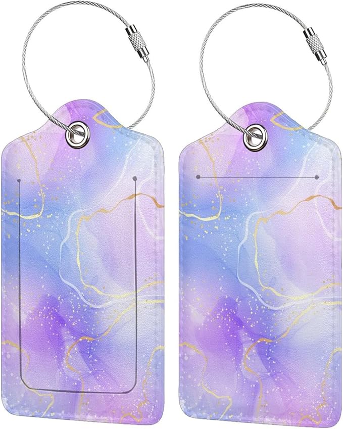 2Pcs Light Purple Blue Leather Luggage Tags with Golden and White Lines for Women Girls Travel, Pretty Abstract Lavender Violet Watercolor Marble Name ID Identifier Labels for Suitcase Baggage Bag