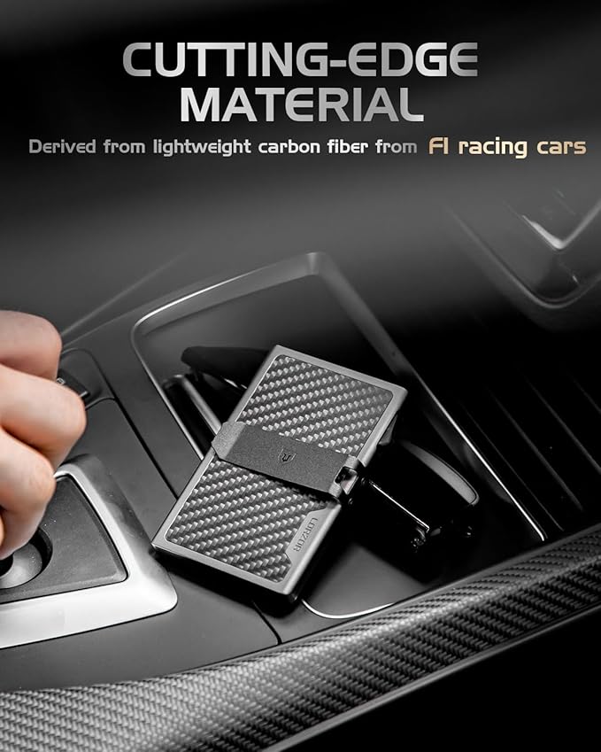 LORZOR Carbon Fiber Wallet for Men, 0.3IN Ultra-slim Minimalist Card Holder with Money Clip, Trigger Button for Quick Card Access, Ultra-light Aerospace Aluminum, RFID-Blocking, Gift Box