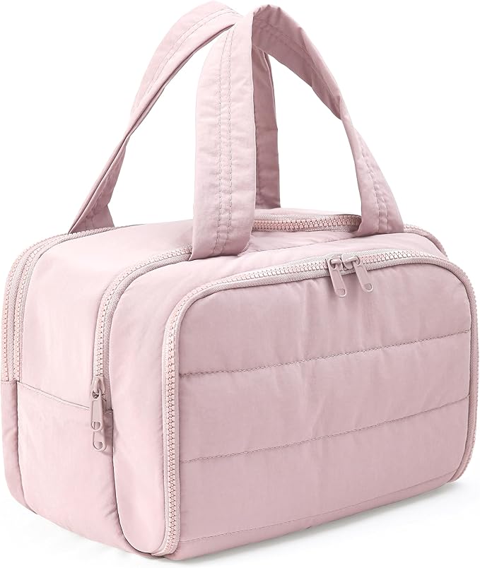 Travel Toiletry Bag for Women, Large Wide-open Puffy Cosmetic Makeup Bag with Wet-Dry Separation, Multi-Pocket Organizer with Carry Handle for Toiletries, Cosmetics, Essentials, Light Pink