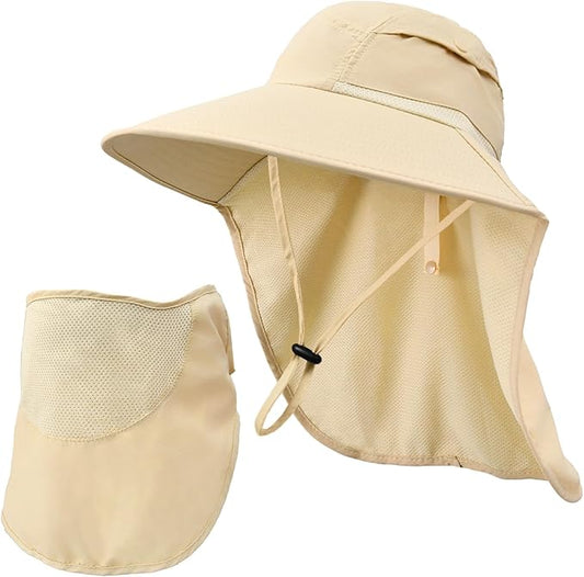 Sun Hats for Men Women Detachable Face Cover Wide Brim Fishing Hats with Neck Flap UPF 50+ Outdoor Safari Hats