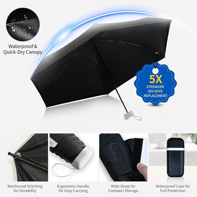 Compact Mini Windproof Travel Umbrella-UPF 50+ Sun & Rain Protection, Small Folding Design Fits in Pocket or Purse, Lightweight Portable with Case for Women, Men & Kids