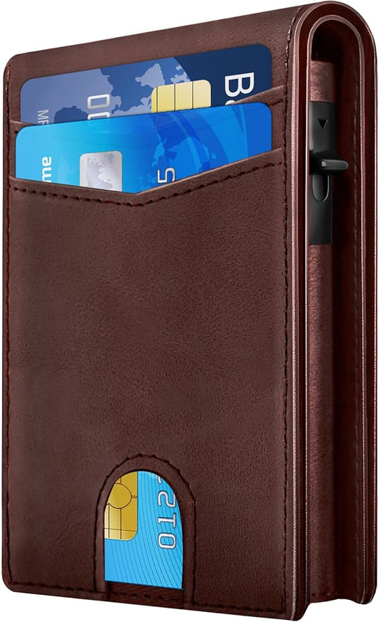Wallet for Men - RFID Blocking [Functional & Practical] Bifold Slim Minimalist Credit Card Holder Pop Up Metal Case with Cash Slot, Front Pocket with ID Window, Gift Boxed