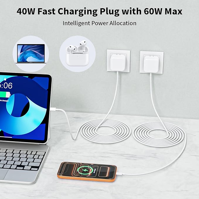 40W Wall Charger with 60W Max,1Pack Foldable Plug & 10FT USB C-C Cable,Quick Charger Adapter Suitable for Devices with Type-C Interfaces,Compatible with 17/ Air/Pro Max/16/15/Pro/Tablet/Earphones