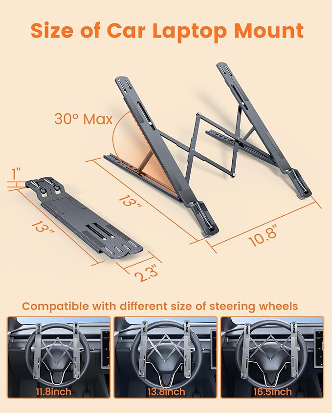 Steering Wheel Laptop Holder for Car SUV Pickup Truck Tesla Vehicle Workstation, Adjustable Foldable Portable iPad Tablet Laptop Stand for Desk, Tiktok Car Travel Essentials 2025 -Gray