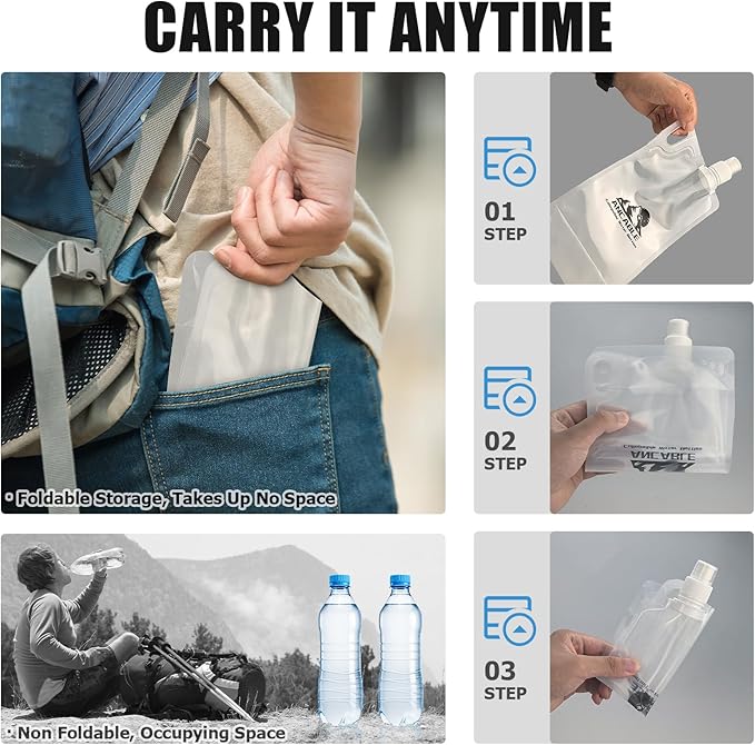 33oz Collapsible Water Bottles, 6-Pack Reusable Travel Foldable Water Bottles for Hiking Camping Running Bike, BPA-Free Water Bottle