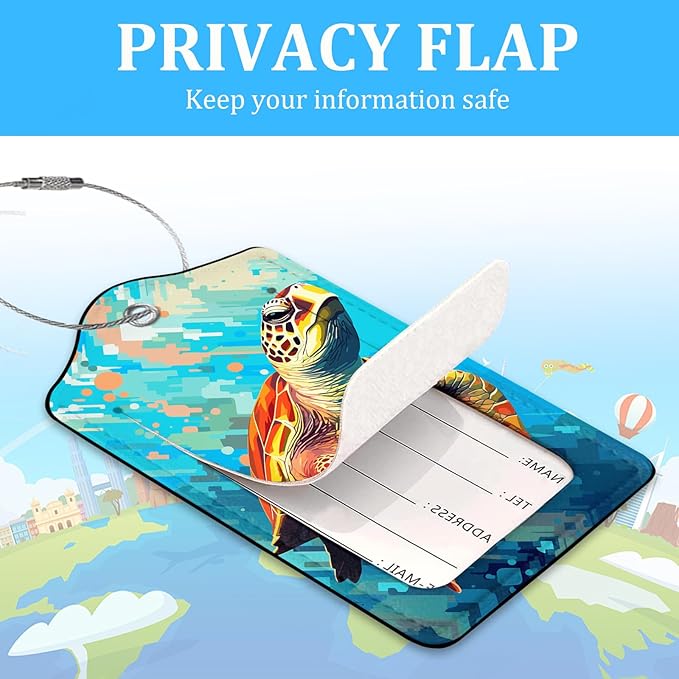 2 Pack Luggage Tag for Suitcase,Colorful Sea Turtle Luggage Tag with PU Leather Privacy Cover ID Label & Stainless Steel Loop for Women Men Travel Bag Suitcase