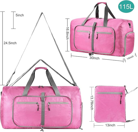 Dimayar Travel Duffle Bag for Men Women - Foldable Duffel Bag with Shoes Compartment - Overnight Bags Waterproof & Tear Resistant(115L,Pink)