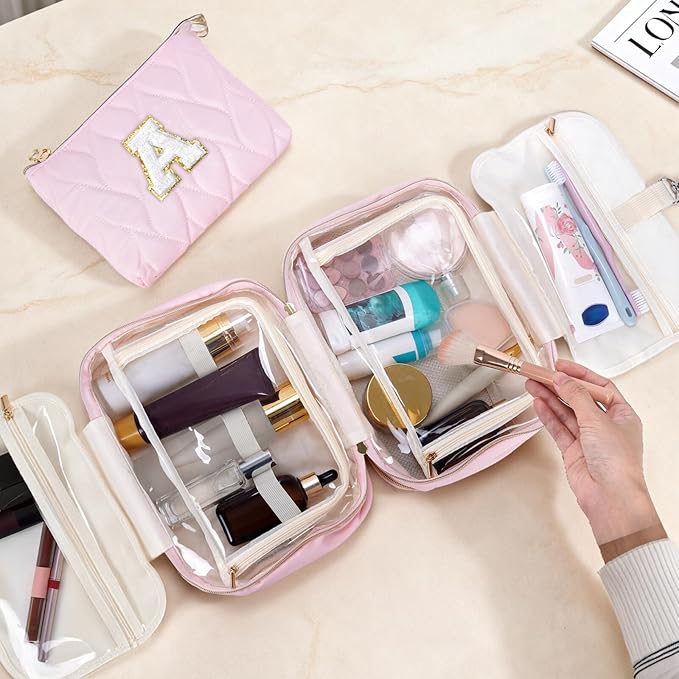 YOOLIFE Travel Toiletry Bag for Women - Hanging Toiletry Bag Makeup Bag, Portable Toiletries Travel Bag and Cosmetic Bag Essentials - Letter W Pink