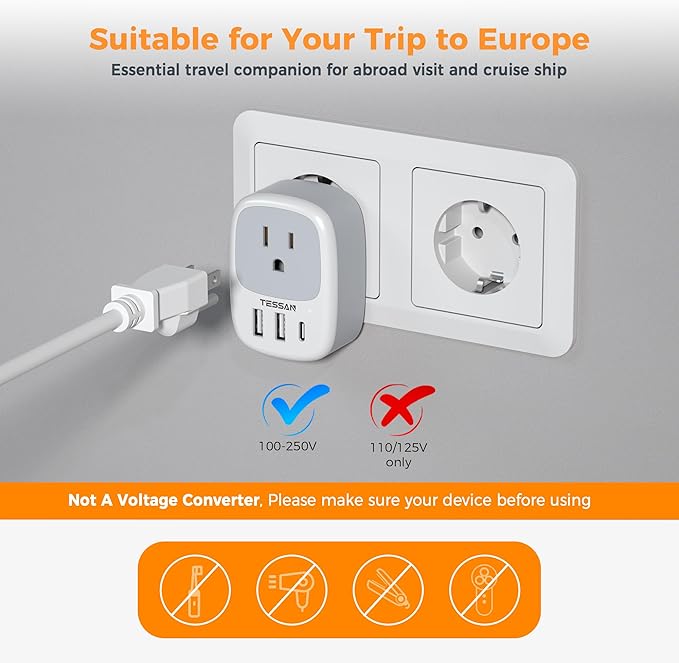 TESSAN European Travel Plug Adapter, Europe Power Outlet with 3 USB Ports (1 USB C Port), Type C Plug Adaptor for US to EU Italy Spain France Greece Portugal Iceland, International Travel Essentials