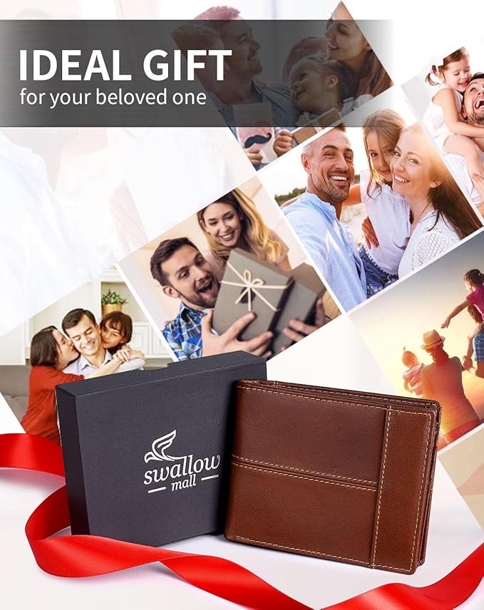 Swallowmall Mens Wallet Rfid Blocking Genuine Leather Bifold Wallets with 1 ID Window 15 Card Slots