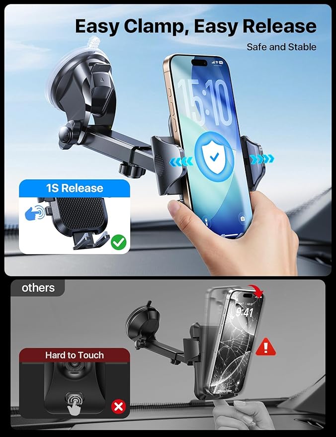 andobil Car Phone Holder Mount (Strong Suction&Bumpy Road Stable) Phone Holders for Your Car, Cell Phone Car Mount for Windshield Dash Vent Truck Cradle Stand for iPhone 17 16 15 14 Pro Max Grey