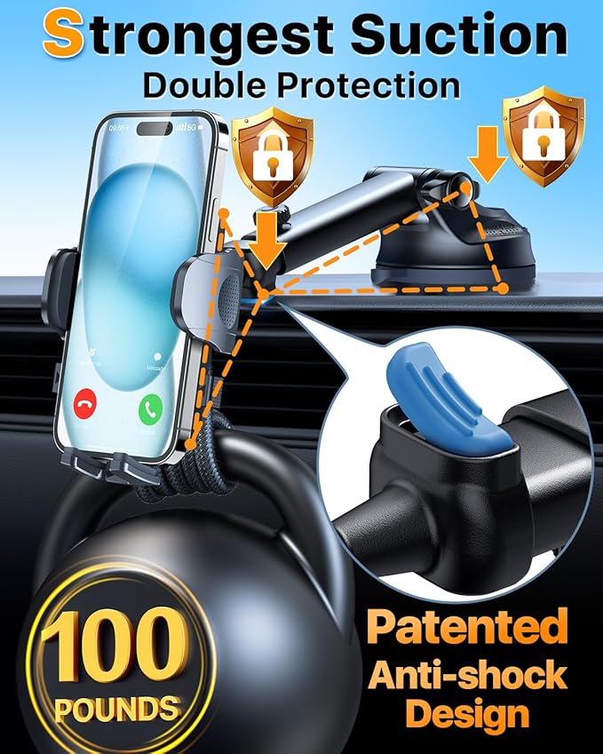 2026 Ultimate Best【True Military-Grade & Safety Cert】Car Phone Holder【Upgraded 5-in-1 & 100+LBS Strongest Suction】360 Rotation Truck Windshield Dashboard Vent Mount Stand for iPhone Android,Deep Black
