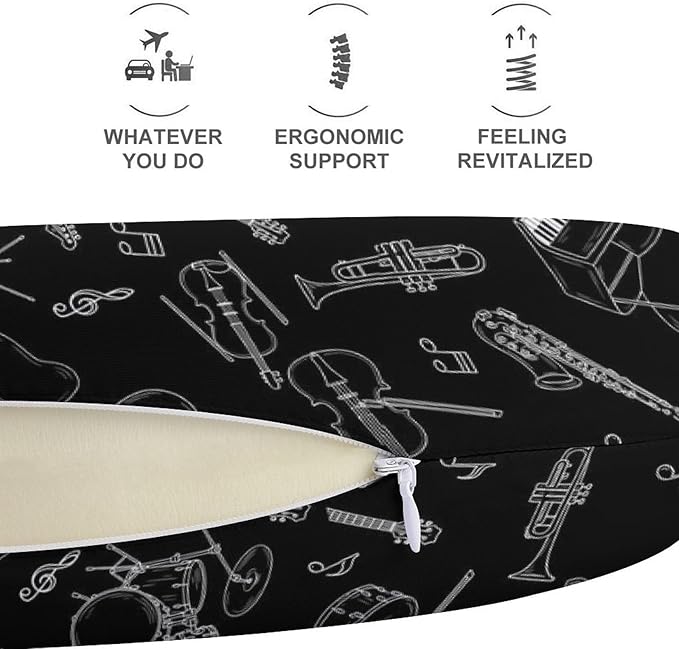Portable U-Shaped Travel Pillow Memory Foam Neck Rest, Musical Instrument Guitar Piano Bass Black U-Shape, Airplane Car Bus Office Chin Support