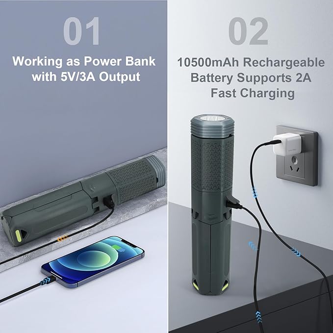 Telescopic Camping Lights,Portable Camping Lantern with Storage Bag,10500mAh Rechargeable Outdoor Adventure Emergency Light,Waterproof LED Work Lights with Magnetic (Gray)