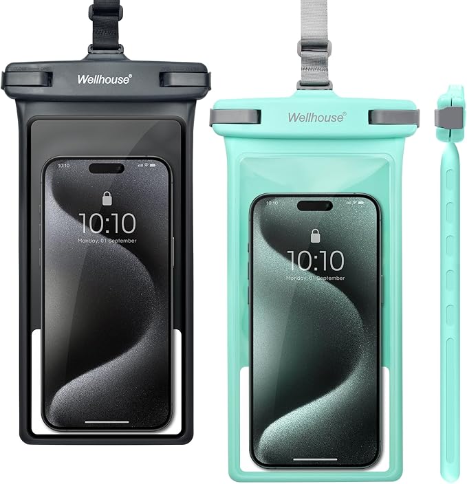 wellhouse Waterproof Phone Pouch, Waterproof Phone Case for iPhone 16 15 14 13 12 Pro Max XS Samsung, IPX8 3D Cellphone Dry Bag Beach Essentials (2 Pack - Black & Green 8.0", 8 inch)