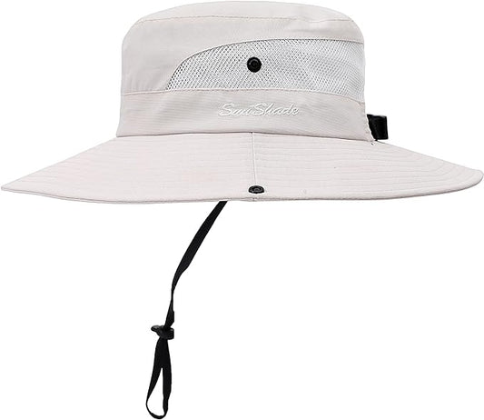 Womens Summer Sun Hat Beach Hat Wide Brim Outdoor UV Protection Hat Foldable Cool Mesh Ponytail Bucket Hat