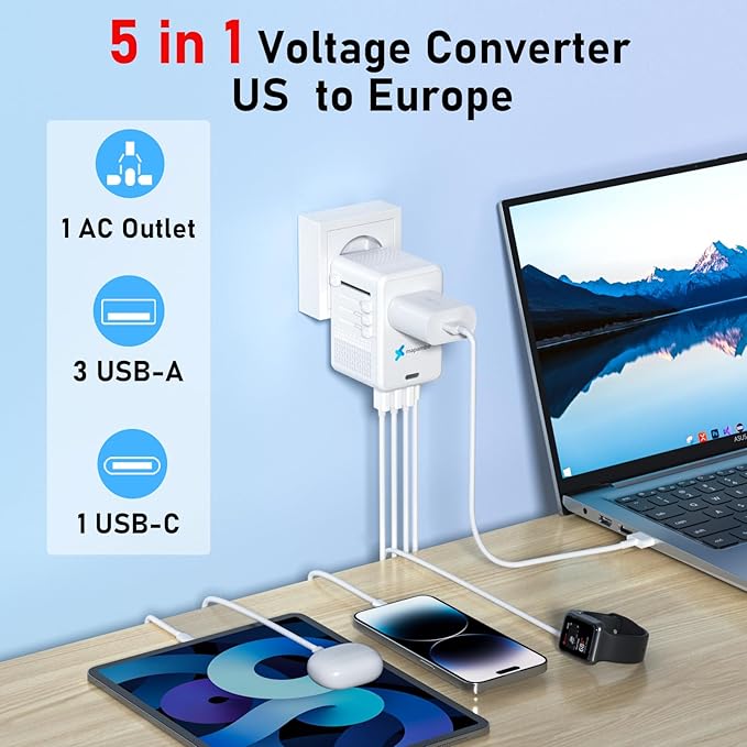 Upgraded Voltage Converter US to Europe for Hair Dryers 220V to 110V Converter with Fast Charging - Compact Travel Design with 3 USB-A + 1 USB-C Universal Travel Adapter for France Germany (White)