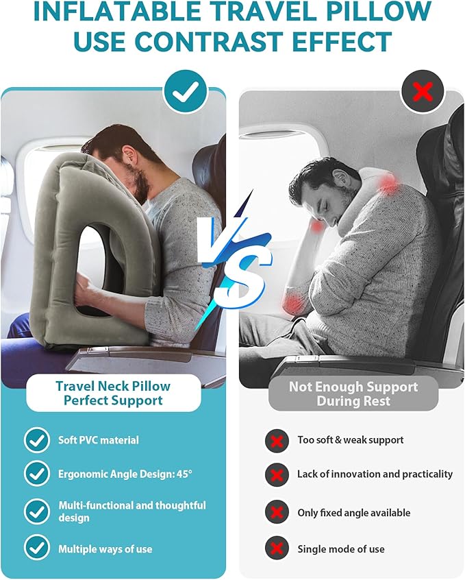 JefDiee Inflatable Travel Pillow, Airplane Neck Pillow Comfortably Supports Head and Chin for Airplanes, Trains, Cars Office Napping on The Tray Table (Grey)