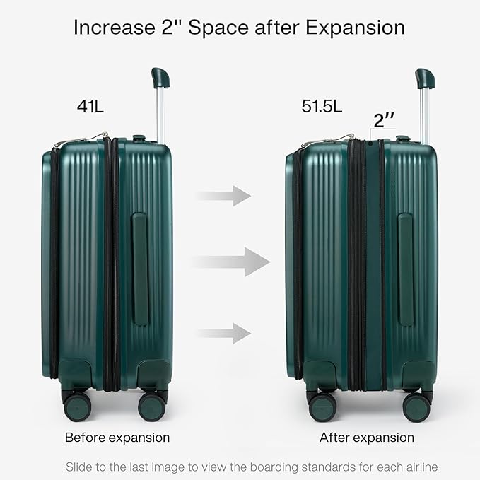 Hanke Grace Expandable Carry On Luggage with Wheels Airline Approved Hard Shell Suitcases with Front Pocket，Top Opening Luggage with TSA Lock for Short Business Travel, Blackish Green.