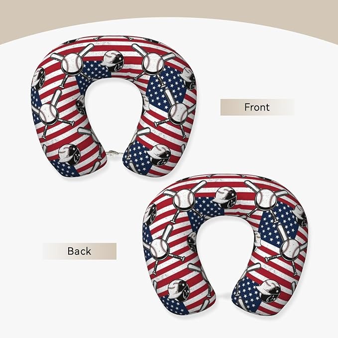 Funny Neck Pillow Support for Car Flight Rest Vintage Baseball American Flag, Memory Foam U Shaped Decor Head Cushion for Home Outdoors Travel