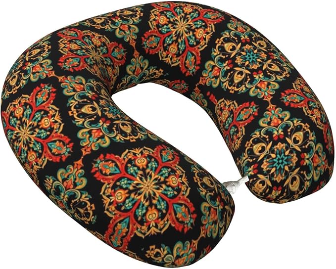 Support Neck Pillow for Youth Travel, Washable Airplane Chin Supporting and Relax U Shaped Pillows Paisley Bandana Print Cool Red Black