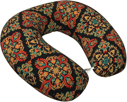 Support Neck Pillow for Youth Travel, Washable Airplane Chin Supporting and Relax U Shaped Pillows Paisley Bandana Print Cool Red Black