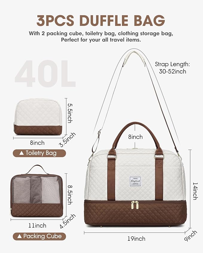 Travel Duffle Bag Weekender for Women: Travel Duffel Bag Carry-On Overnight Bag with Shoe Compartment & Wet Pocket Large Weekend Tote Bag Gym Duffel Bag for Hospital Beige Brown