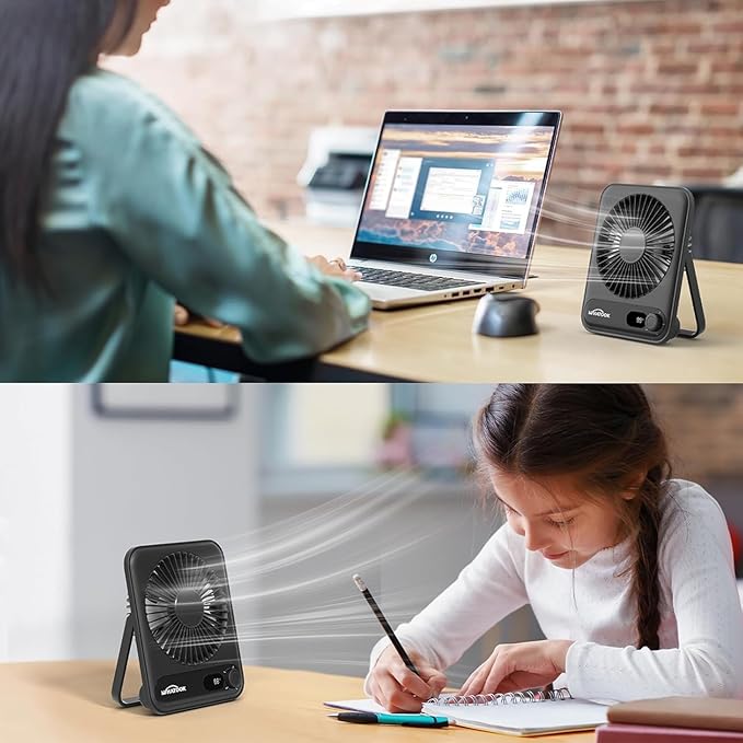 WHATOOK Small Desk Fan Personal Fans: 5000mah 25 Hours Battery Office Quiet Mini Desktop Fan Portable Rechargeable Travel Essentials (Black, 2000 mAh)