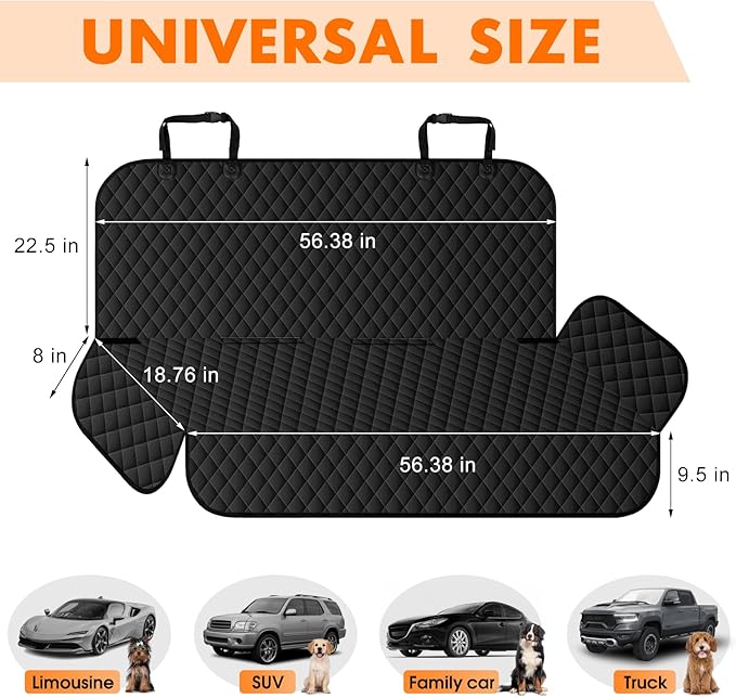 Backseat Cover for Dogs, Waterproof and Non-Slip Pet Bench Seat Covers, Car Seat Protector for Back Seat, Universal Size Rear Car Seat Cover Fits Cars, Trucks and SUVs, L-Carbon Black