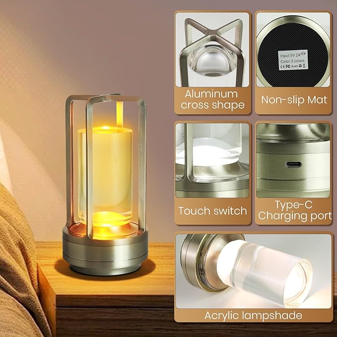 Crystal Lantern Lights Set of 2, Battery Operated Rechargeable Cordless Crystal Table Lantern Lamp with 3-Color, Small LED Desk Lamp for Indoor/Outdoor Patio Camping Bar Restaurant(Silver)