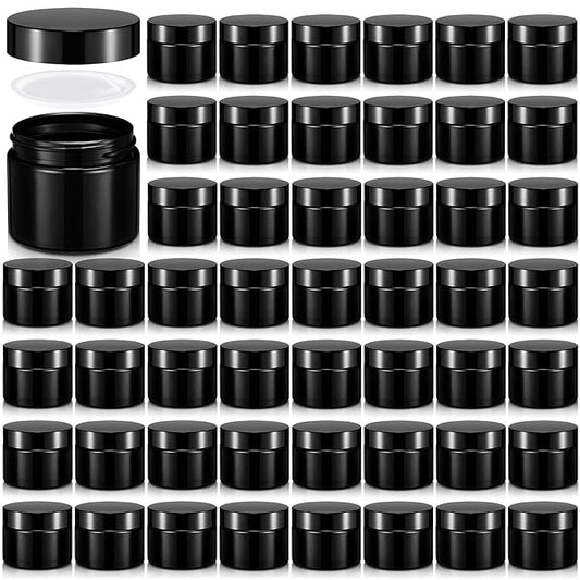 Domensi 48 Pcs 2 oz Glass Jars with Lids Travel Size Round Leakproof Empty Cosmetic Jars with Inner Liners Lid for Storing Makeup Lotions Face Cream Ointments Candle DIY Making (Black)