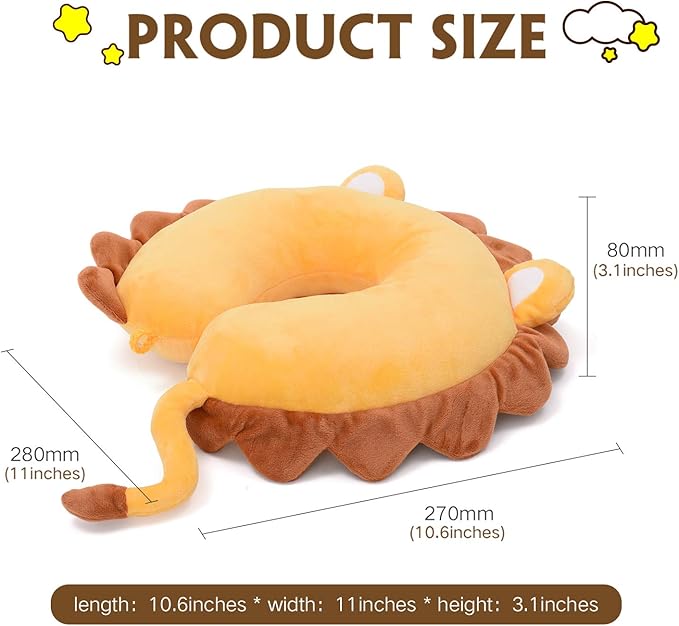 H HOMEWINS Travel Pillow for Kids,Cute Animal Neck Pillow for Boys Girls,Soft Neck Head Chin Support Pillow,Travel Accessories for Airplane, Car, Train,Recline(Lion)