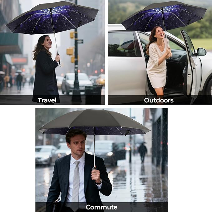 LLanxiry Compact Travel Umbrella, 44" Canopy, Automatic Open/Close Windproof Umbrella, 210T Pongee, 8-Rib Fiberglass, Travel Size Mini, Portable Rain/Sun Umbrellas UPF 50+ with Cover