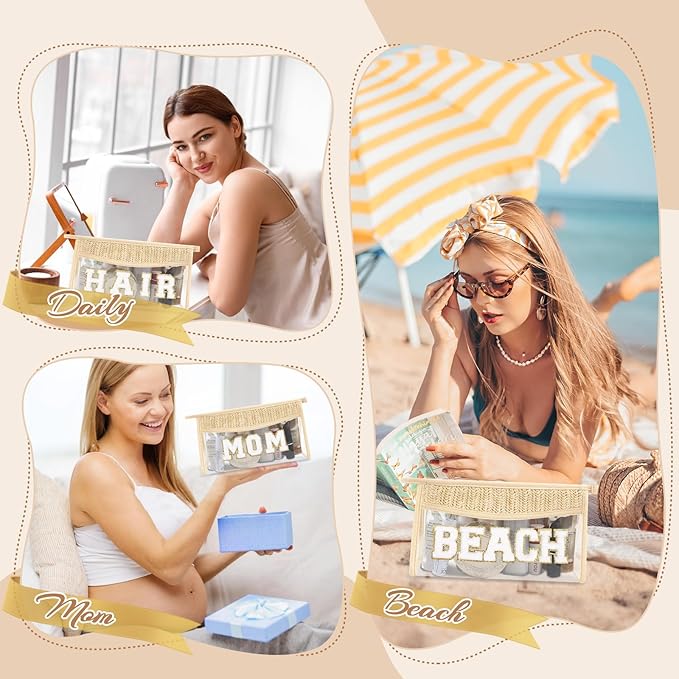 Small Boho Straw Clear Mom Makeup Bags for Women&Girls, Zipper Cosmetic Bag Chenille Varsity Letter Patch Bag, Preppy Cute Toiletry Pouch, Trendy Organizer Storage Bag for Beach Travel Essentials