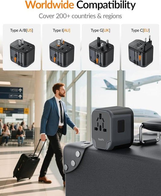 SooPii Universal Travel Adapter,Power Converters with 1 USB C and 2 USB A Ports, 7 in 1 Worldwide Travel Plug Adapter Wall Charger,International Power Adapter for EU, USA, UK, AUS,Asia etc(Black)