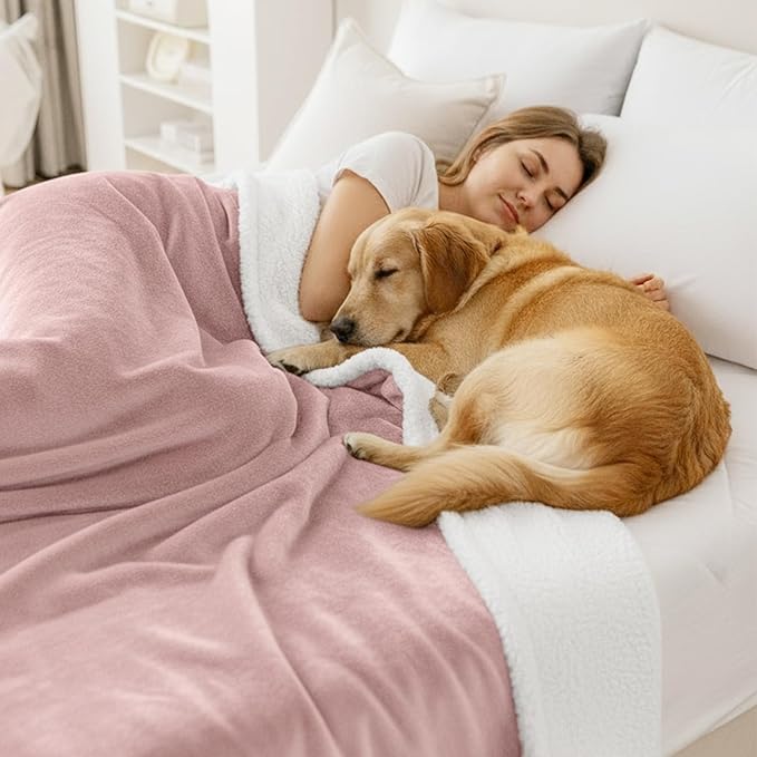 Smiry Waterproof Blanket Throw for Large Dogs, Soft Reversible Dog Blanket for Sofa Couch Bed, Washable Leakproof Sherpa Fleece Furniture Couch Protector(50"x60", Pink/White)