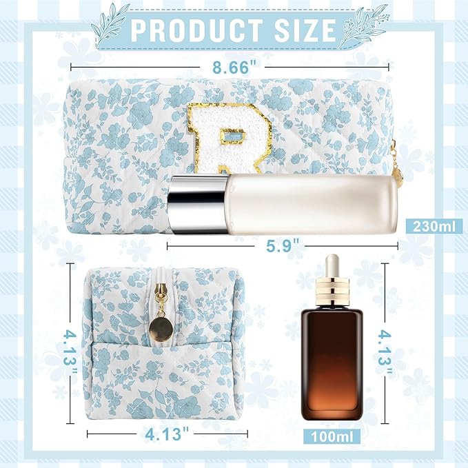 Personalized Quilted Cosmetic Bag, Puffy Monogrammed Christmas Birthday Gifts for Women & Girls, Cute initial Floral Makeup Bag Puffer Coquette Bag, Aesthetic Travel Toiletry Zipper Pouch(Blue,R)
