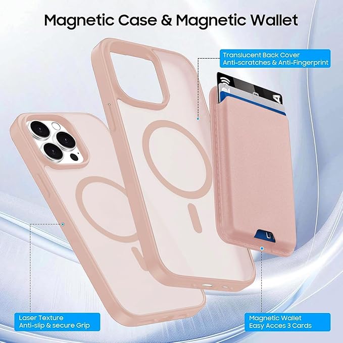 Ntwinro Magnetic for iPhone 15 Pro Case (Compatible with MagSafe) with Detachable Wallet & Card Holder for 3 Cards [RFID Blocking] Military Grade Protective Slim Phone Cover, Pink