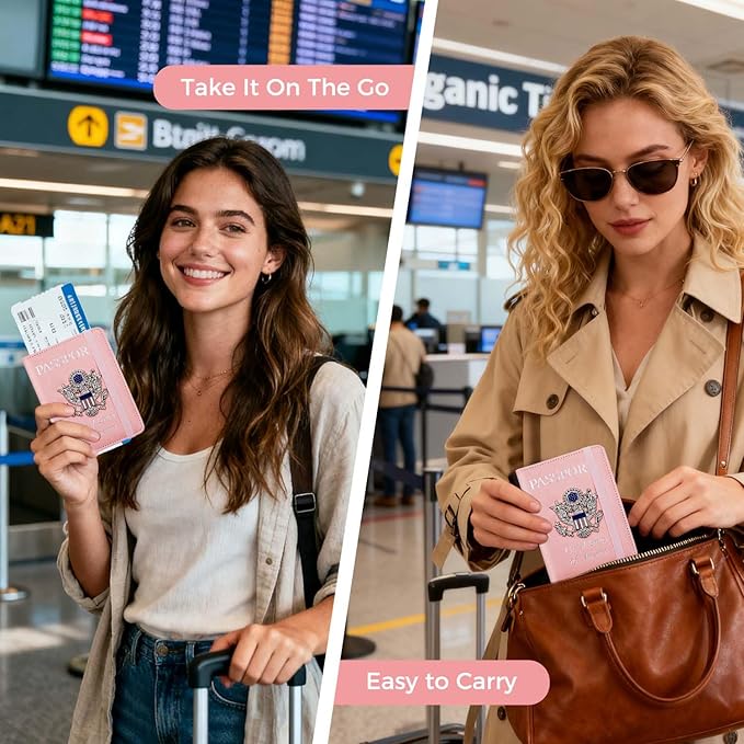Cnycmy Passport Holder for Travel, Pu Leather Travel Wallet, RFID Blocking, Metal United States Coat of Arms, Waterproof cover for Family (Pink)