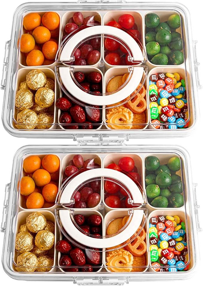 2-Pack Snackle Box Container, Removable Snackle Box with Handle for Candy, Fruits, Nuts, Charcuterie and Veggies, Divided Serving Tray with Lid Perfect for Christmas Party and Entertaining
