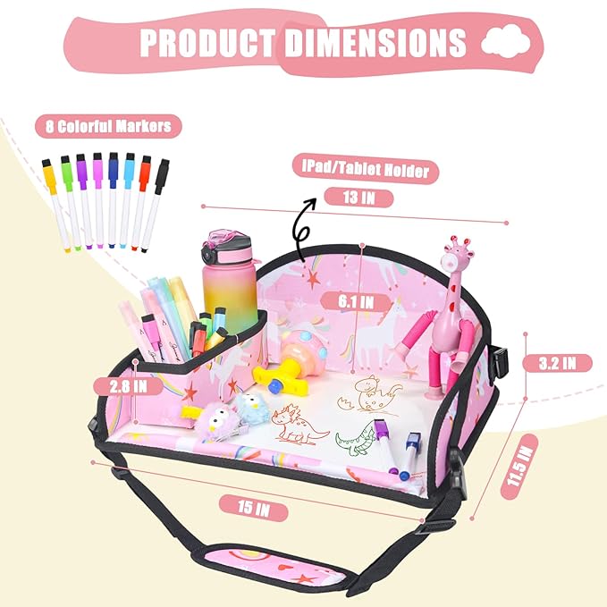 Kids Travel Tray for Car Airplane - Car Seat Tray for Kids Travel, Toddler Carseat Lap Table, Road Trip Essentials, Lap Desk for Kid Roadtrip Activities, Pink Unicorn