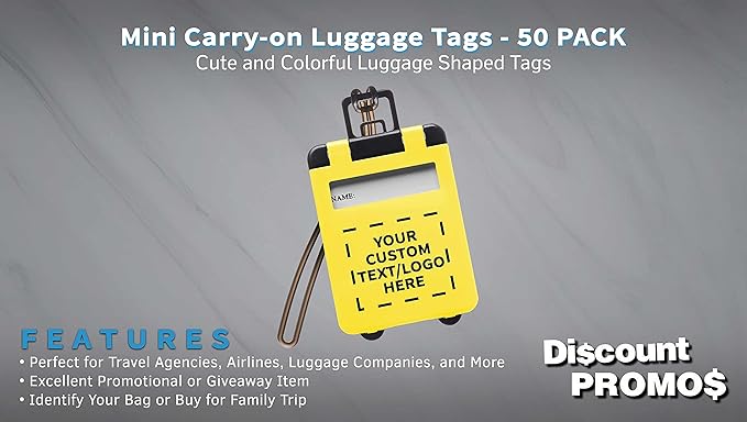 50 Mini Carry-on Luggage Tags Pack - Customizable Text, Logo - Flip Open Cover, ID Sticker - Yellow