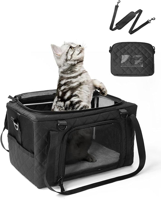 PETUX Airline Approved Cat Carrier for Small Cat - 16" x 10" x 9.5", Double Anti-Escape, Collapsible, Underseat, Under 10 lb with Removable Snack Bag, Safety Buckle, Leash - Ideal for Travel - Black