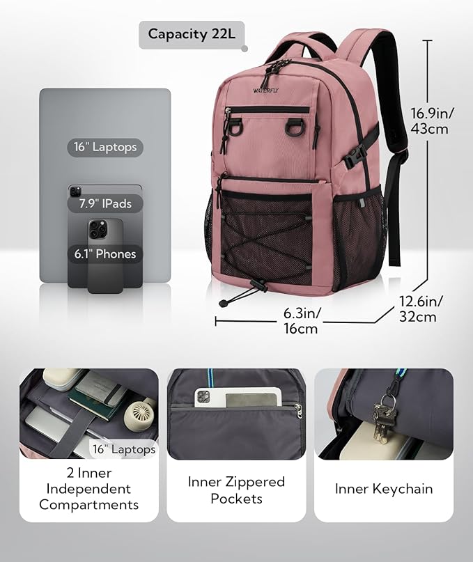 WATERFLY Travel Hiking Casual Backpack: 22L Lightweight Everyday Outdoor City Daypack College Bookbag for Women Men