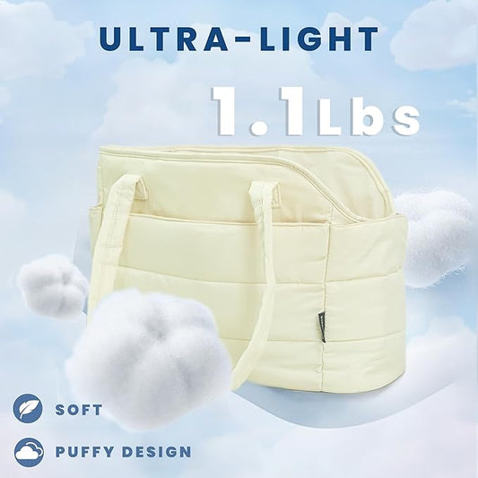 STRAODTIC Lightweight Dog Purse Carrier for Small Dogs Under 15 lbs, Puffy Quilted Pet Carrier Tote for Puppies with Safety Leash Clip, Women's Hands-Free Dog Carrier Bag for Travel/Shopping (Beige)