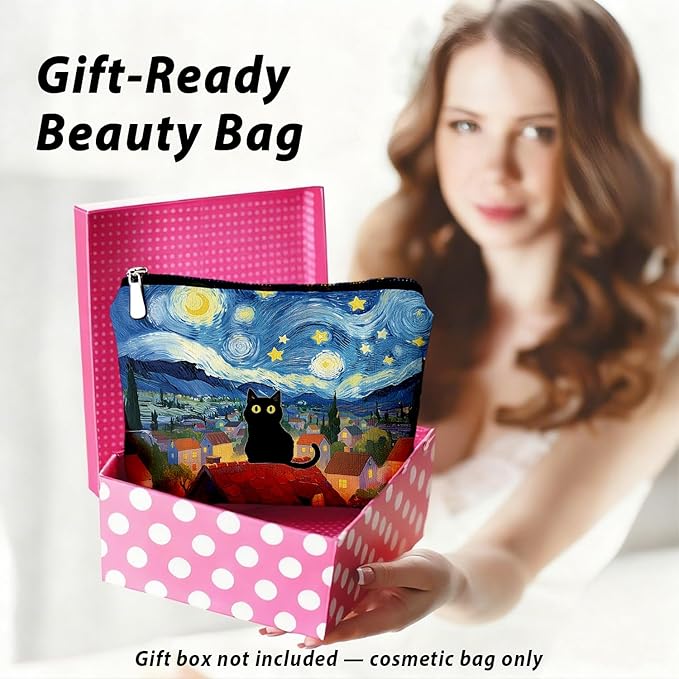 Black Cat Makeup Bag, Black Cat Mom Lovers Lady Gifts Cosmetic Bag for Women, Pet Lover Gifts, Celestial Starry Night Kitten Small Toiletry Bags Zipper Makeup Pouch