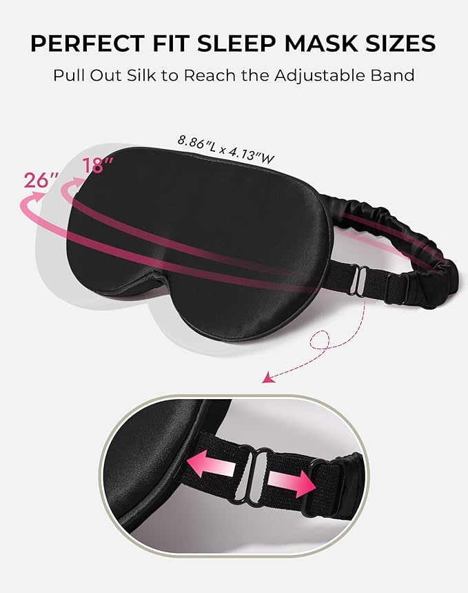 SilkSilky 100% 22 Momme Mulberry Silk Sleep Mask – Upgraded 3D Contoured Eye Mask with Nose Wing Pads & Adjustable Strap, Luxury Blackout Eye Cover for Women & Men (Black)