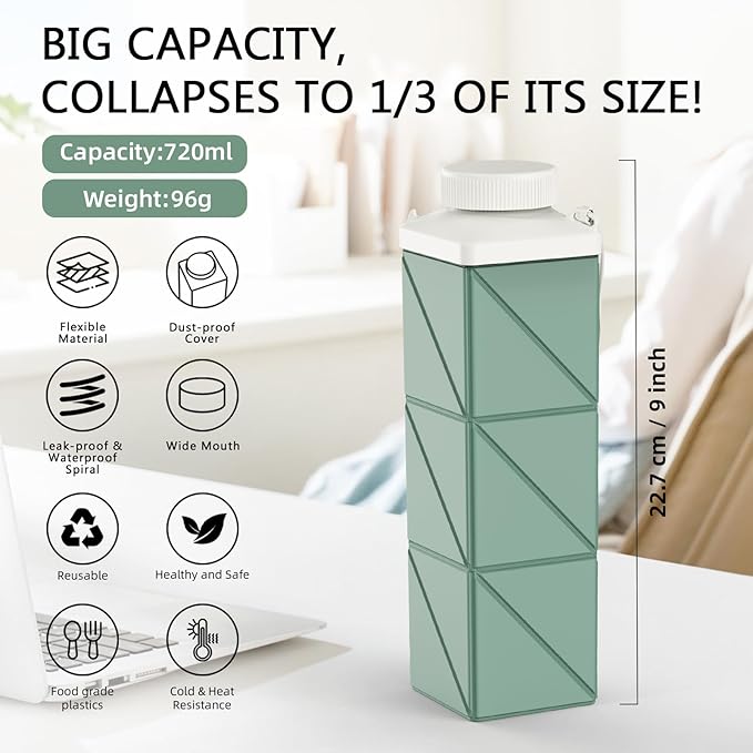24oz Collapsible Water Bottles,Food grade BPA Free Reusable Foldable Water Bottle Lightweight LeakProof for Travel Hiking Camping Cycling Outdoor Sports,Collapses Folding Water Bottle,Green